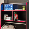 Innovative bunk bed featuring sleek black and vibrant red tones.