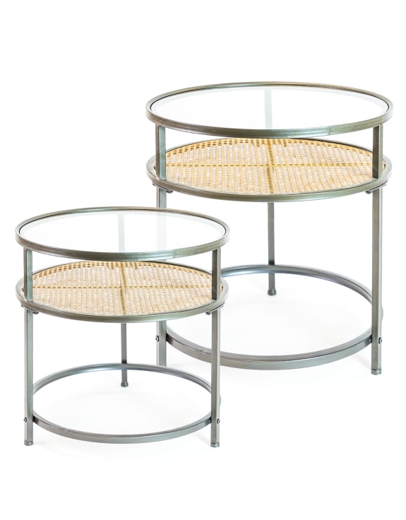 Elegant glass nest of tables Iron, Glass and Rustic Metal Rattan Set of 2 Round Side Table