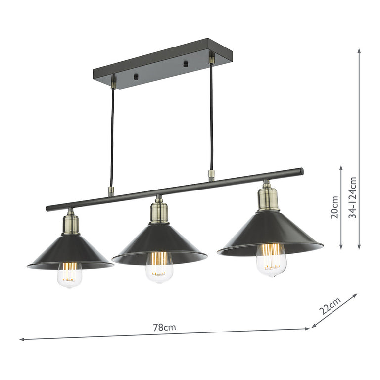 Jalen 3 Light Bar Pendant Light in Graphite & Antique Brass – Industrial Ceiling Mount Pendant with Adjustable Height