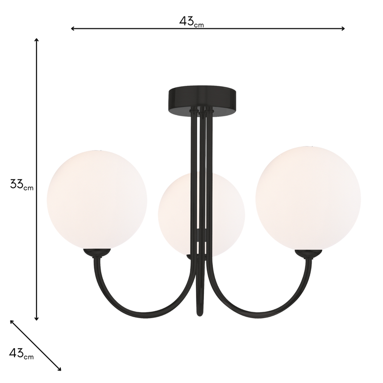 Jared 3 Light Semi Flush Black/Opal Glass - Modern Lighting Collection
