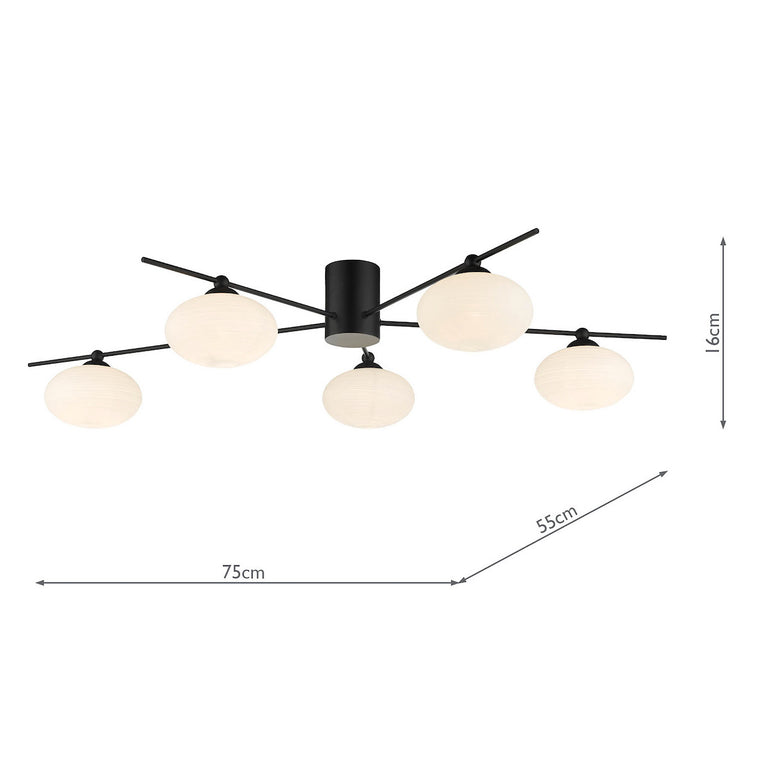 Jasper 5 Light Semi Flush Matt Black Opal Glass Ceiling Light, Stylish Semi Flush Fitting for Modern Home Decor
