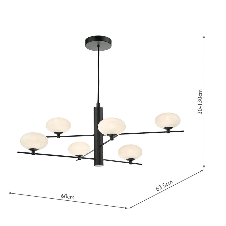 Jasper 6 Light Pendant Matt Black with Opal Glass Shades – Adjustable Ceiling Pendant Hanging Light for Home Décor
