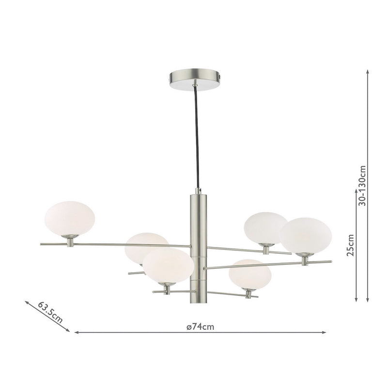 Jasper 6 Light Pendant Satin Nickel Ceiling Light with Opal Glass Shades, Adjustable Hanging Fixture