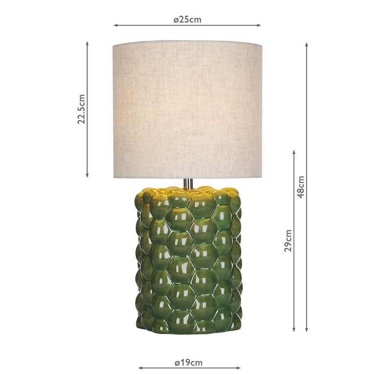 Jayden Table Lamp Greenn Reactive Glaze with Natural Linen Drum Shade – Mid-Century Lighting Collection for Home Décor