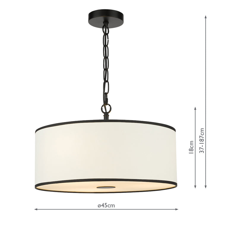Jemima 3 Light Pendant Matt Black Ceiling Light with White Linen Drum Shade, Adjustable Hanging Pendant for Home Décor