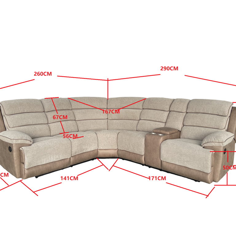 Jessica Corner Sofa with Console & Recliners – Beige and Brown Fabric Recliner Corner Group Sofa