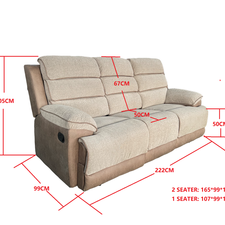 Jessica 3 Seater Sofa Recliner Beige & Brown Two-Tone Fabric Living Room Sofa