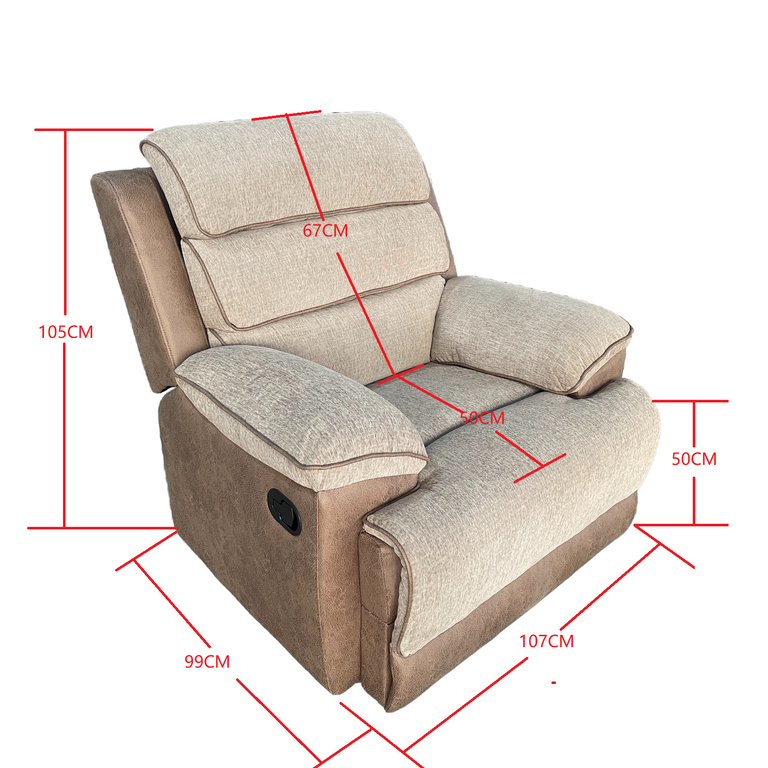 Jessica Recliner Chair Beige & Brown Two-Tone Fabric Living Room Reclining Chair Furniture