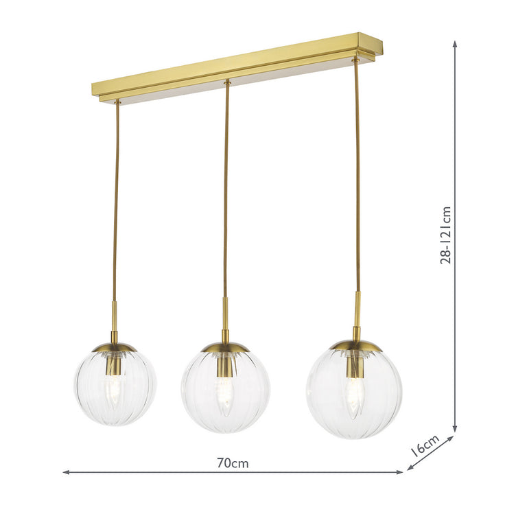 Jocelyn 3 Light Bar Pendant Light Natural Brass with Clear Glass Shades Ceiling Mount Hanging Pendant
