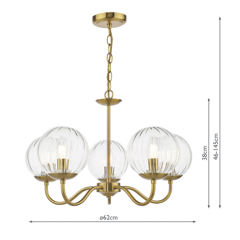 Jocelyn 5 Light Armed Pendant in Natural Brass – Pendant Light, Clear Glass Globes, Lighting Collection Ceiling Fixture