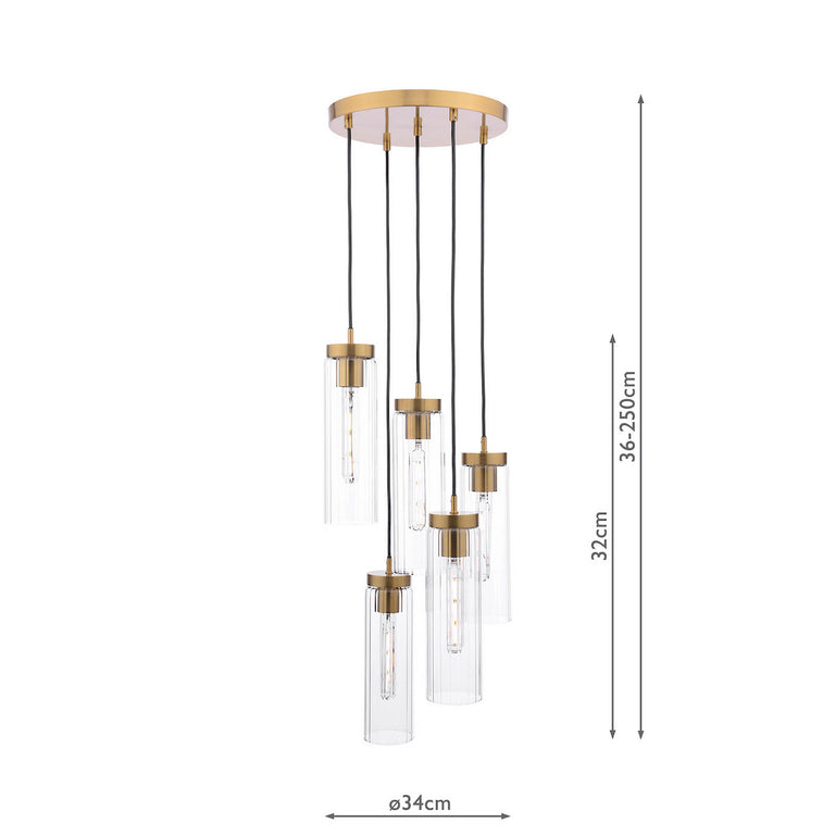 Jodelle 5 Light Cluster Pendant Polished Bronze and Glass Ceiling Light with Clear Ribbed Glass Shades Adjustable Hanging Pendant