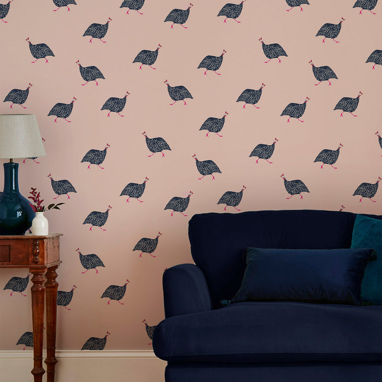 Joules Guinea Fowl Wallpaper Blush Pink - Birds Wallpaper Decor