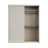 Sleek sliding door wardrobe in grey for stylish bedroom storage.
