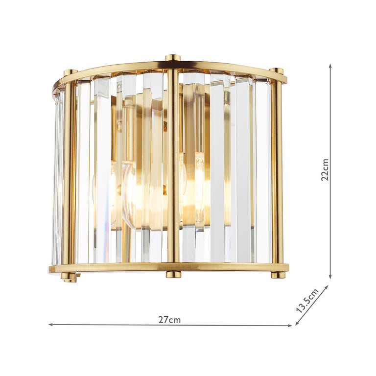 Kiran 2 Light Wall Light Natural Brass with Crystal Glass Shades, Elegant Wall Lighting for Home Décor