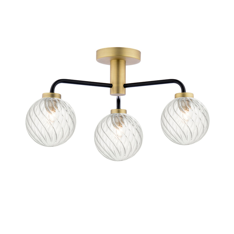 Lainey 3 Light Semi-Flush Black/Antique Brass  With Twisted Glass - Lighting