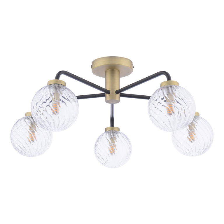 Lainey 5 Light Semi-Flush Black/Antique Brass  With Twisted Glass