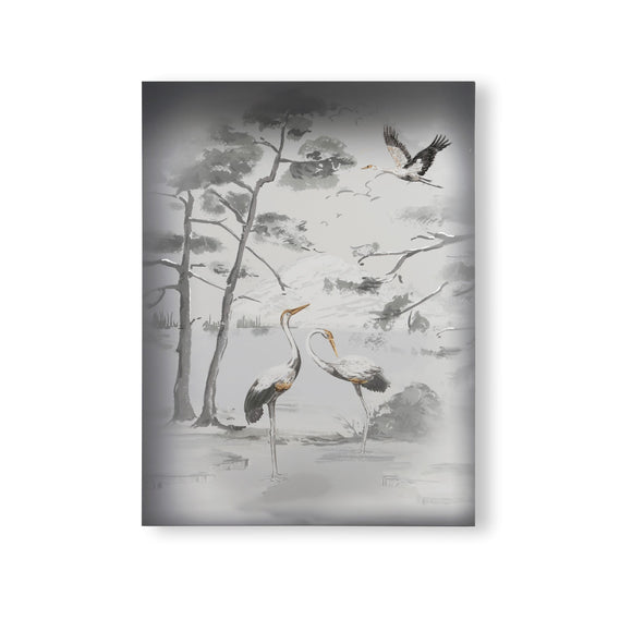 Laura Ashley Animalia Printed Canvas Wall Art featuring cranes in flight with metallic foil and embroidery details.