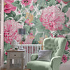 Laura Ashley Aveline Rose mural featuring pink and green floral design.