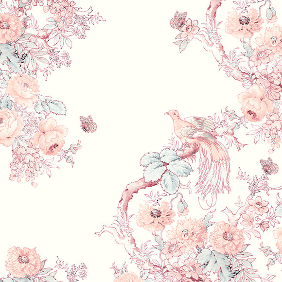 A romantic blush wall mural with birds, roses, and poppies by Laura Ashley.