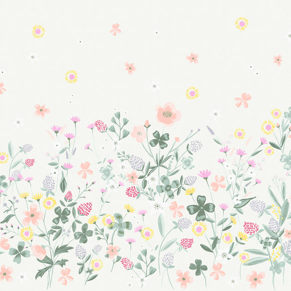 Laura Ashley Mural Clodagh featuring colorful daisies and clovers in watercolor style.