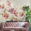 Decorative wallpaper mural featuring vibrant tulips and cream backdrop.