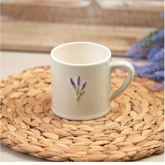 Bone china mug with embossed lavender design