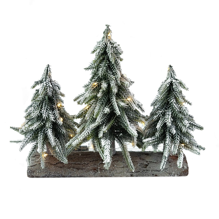 Led Christmas Trees on Log 3 W/Timer Flocked