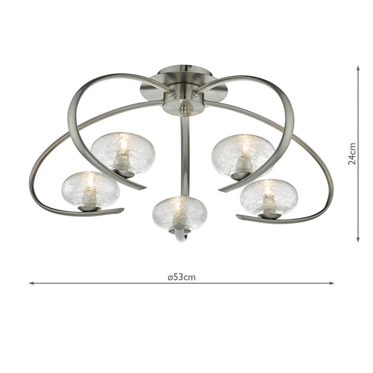 Leighton 5 Light Semi-Flush Satin Chrome Ceiling Light with Sugar Cane Glass Shades