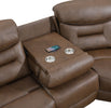 Leroy 3 Seater Sofa Electric Recliner Chestnut close view of pop down tale with 2 cup holders and wireless charger