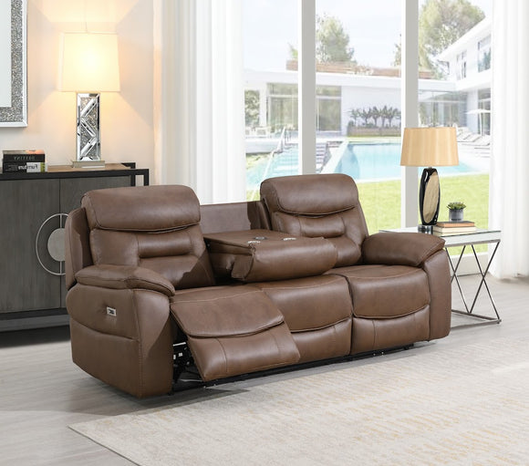 Leroy 3 Seater Sofa Electric Recliner Chestnut life style photo with drop down tray 