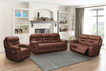 Leroy 3 Seater Sofa Electric Recliner Chestnut life style photo with armchair and 2-seater sofa