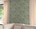 Liege Green Leaf Wallpaper hung in a styled room setting