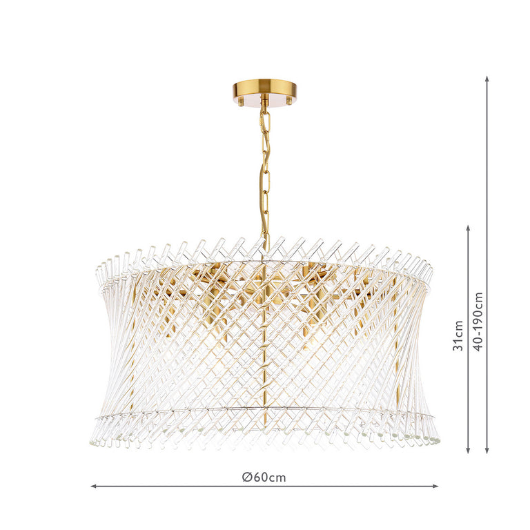 Loire 6 Light Pendant Natural Brass Ceiling Hanging Light with Slender Glass Rods Shade