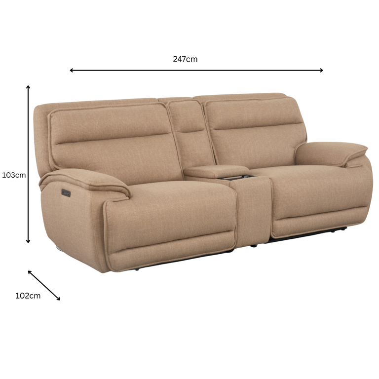 Louise 2 Seater Sofa Recliner with Console, USB Charging & Cup Holders, Fabric Living Room Furniture