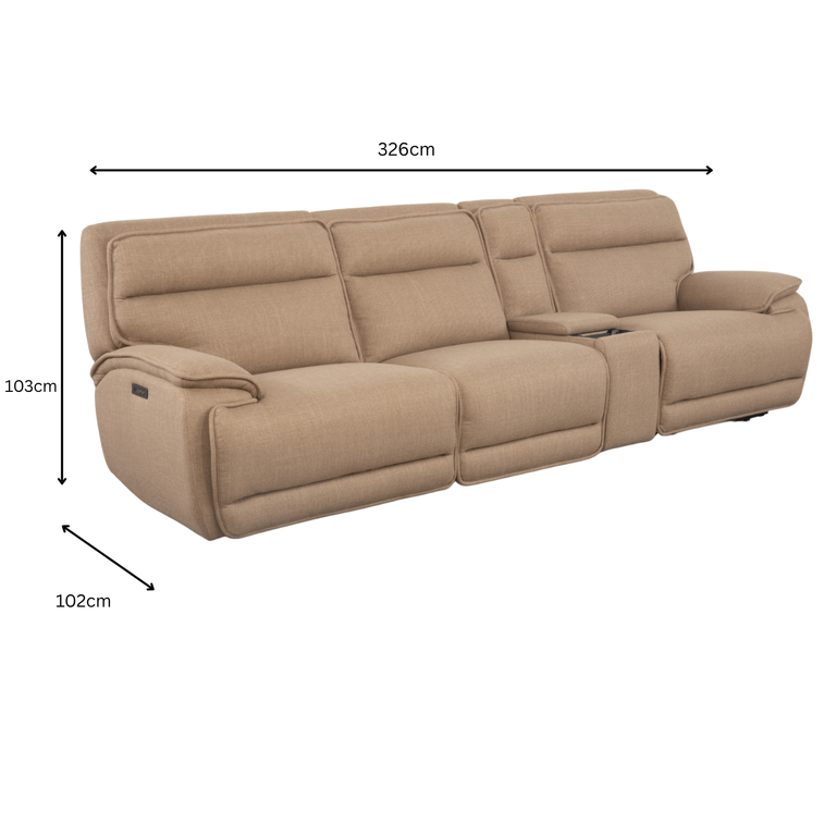 Louise 3 Seater Sofa Recliner with Console Taupe – Electric Living Room Fabric Sofa with USB Charging & Storage