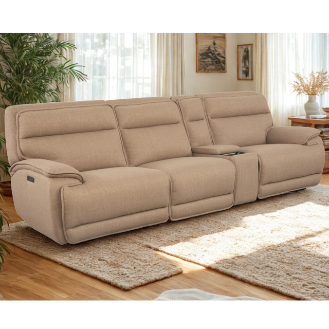 Louise 3 Seater Sofa Recliner with Console Taupe – Electric Living Room Fabric Sofa with USB Charging & Storage