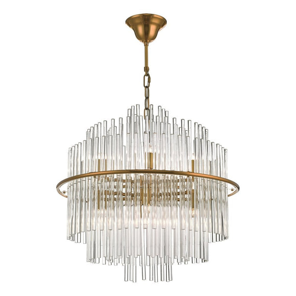 The Lukas 13 Light Pendant in Antique Gold and Clear Glass is a magnificent lighting fixture that exudes opulence and charm.
