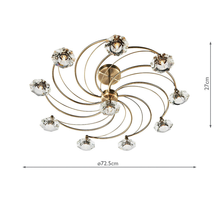 Luther 10 Light Semi-Flush Antique Brass with Crystal Shades | Elegant Semi-Flush Light Living Spaces