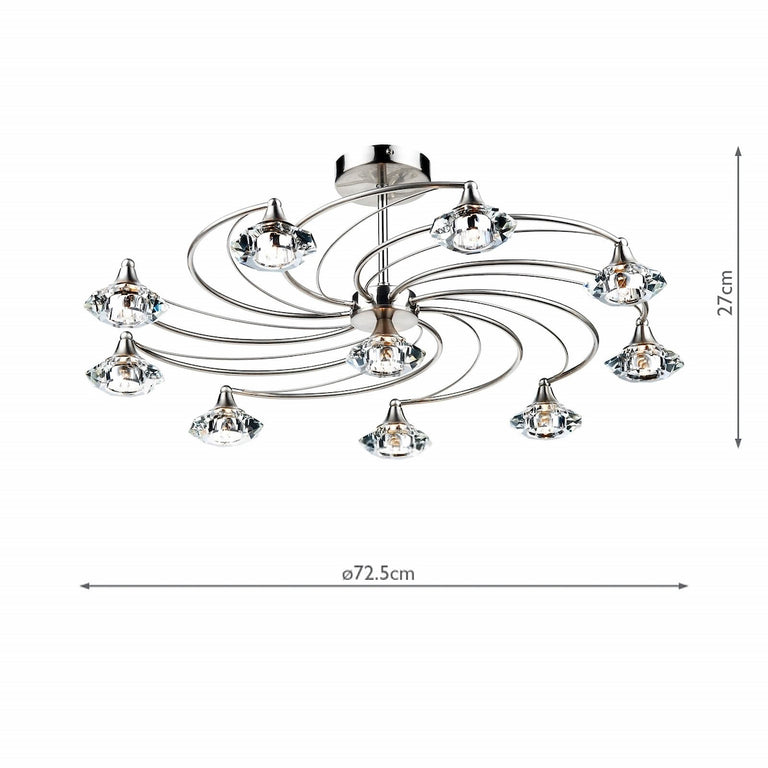 Luther 10 Light Semi-Flush Satin Chrome with Crystal Glass Shades