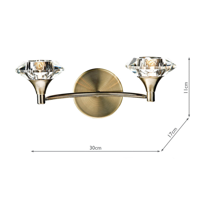 Luther 2 Light Wall Light Antique Brass with Crystal Glass Shades – Modern Wall Lamp for Home Decor