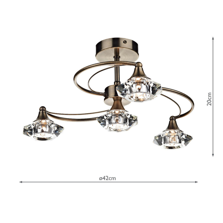 Luther 4 Light Semi-Flush Antique Brass with Crystal Glass Shades, Elegant Home Lighting Fixture