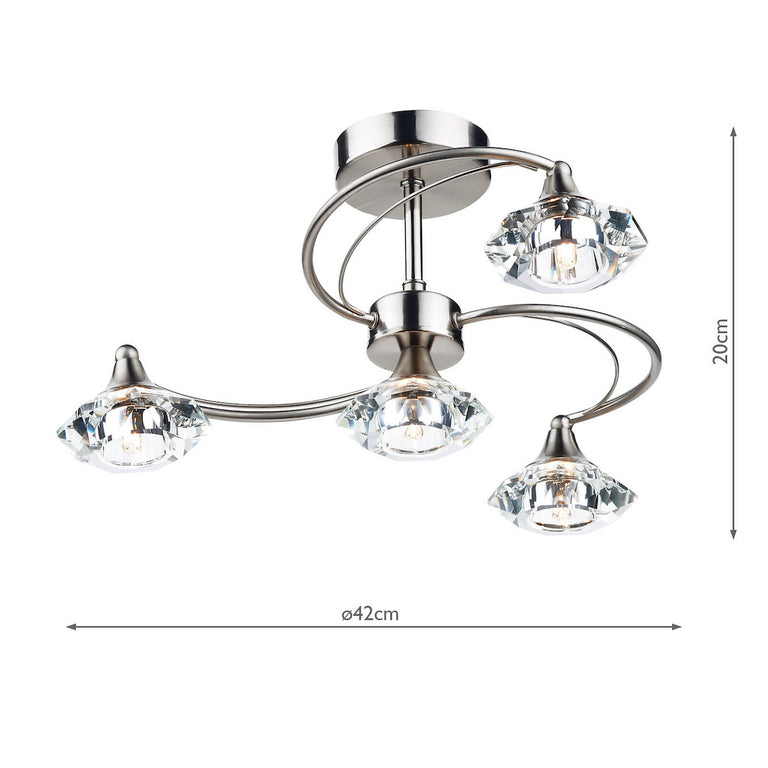 Luther 4 Light Semi-Flush Satin Chrome - Semi Flush Ceiling Light with Crystal Glass Shades