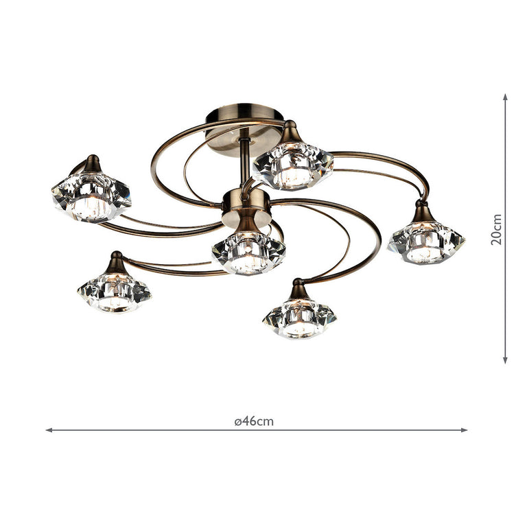 Luther 6 Light Semi-Flush Antique Brass with Crystal Glass Shades for Modern Home Decor