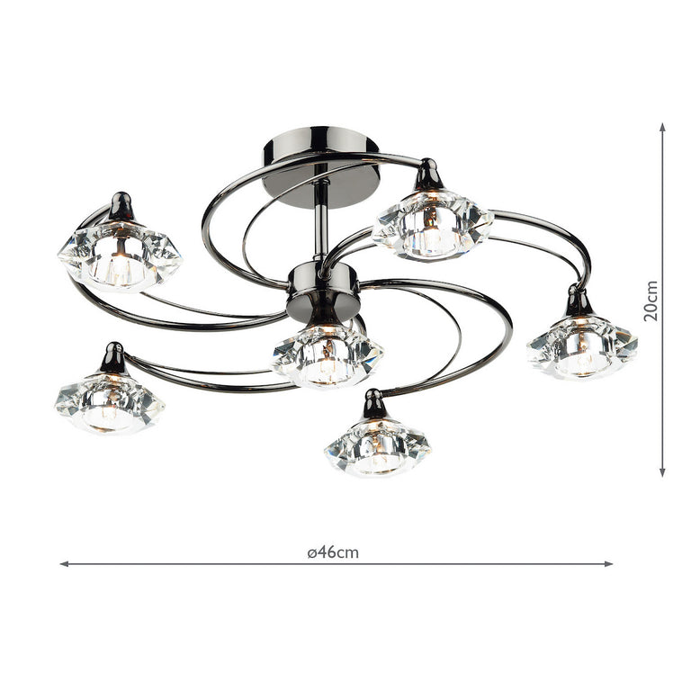 Luther 6 Light Semi-Flush Polished Black Chrome Crystal Semi Flush Ceiling Light, Contemporary Lighting Collection