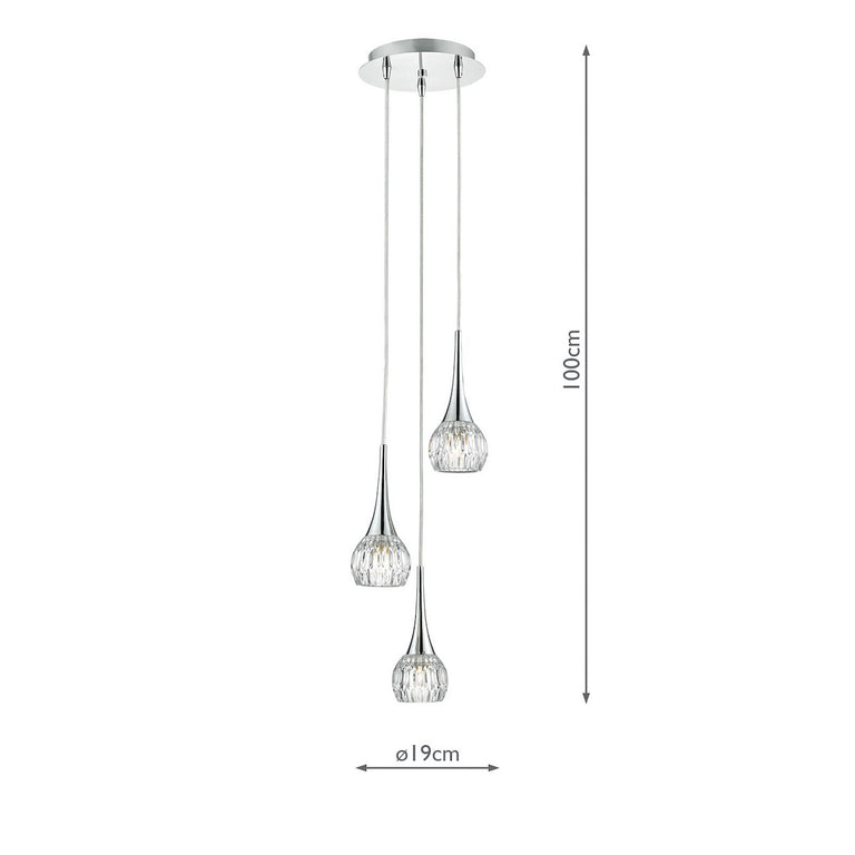 Lyall 3 Light Cluster Pendant Polished Chrome & Glass Shades, Adjustable Hanging Pendant for Home Decor