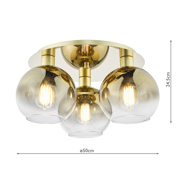 Lycia 3 Light Flush Satin Gold and Gold Ombre Glass Shade | Elegant Flush Light for Low Ceilings
