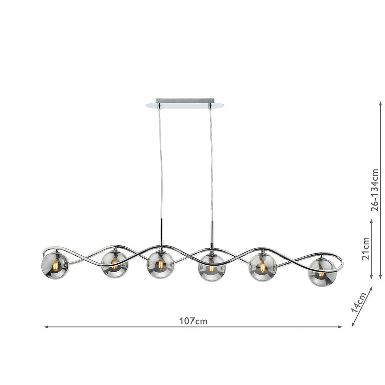 Lysandra 6 Light Bar Pendant Polished Chrome and Smoked Glass Shades Ceiling Light for Home Decor