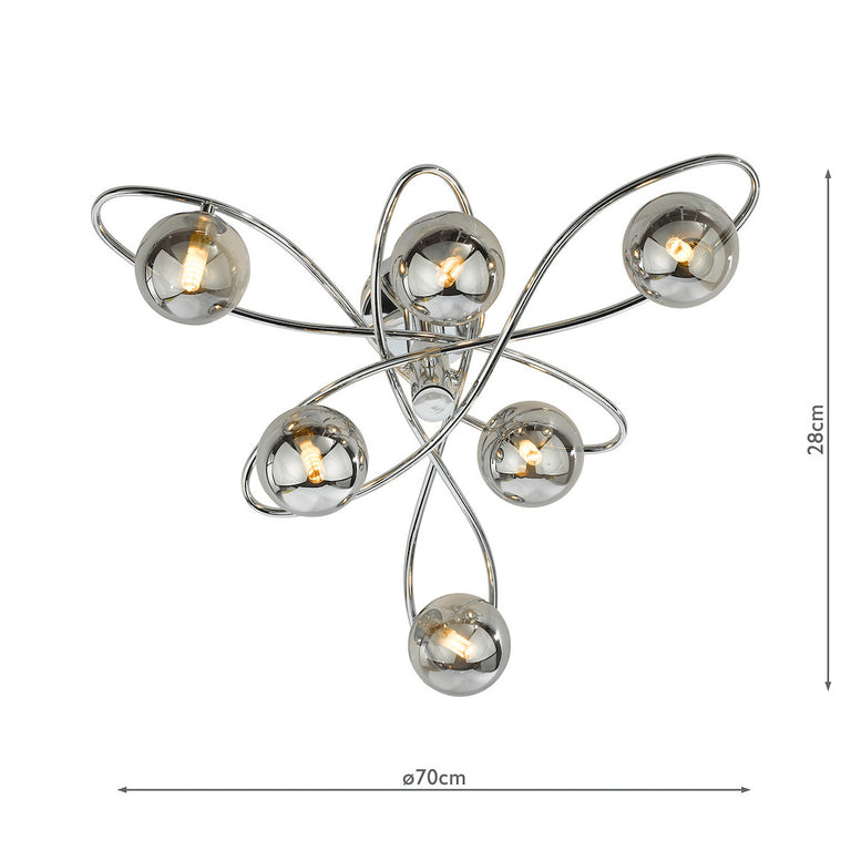 Lysandra 6 Light Semi-Flush Polished Chrome and Smoked Glass Shades Lighting Collection