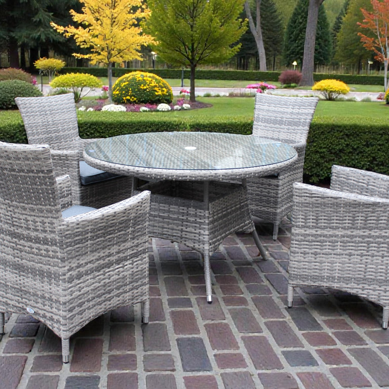 Madrid Garden Dining Table & Chairs Set – Grey Rattan Outdoor Furniture with 120 cm Glass Dining Table