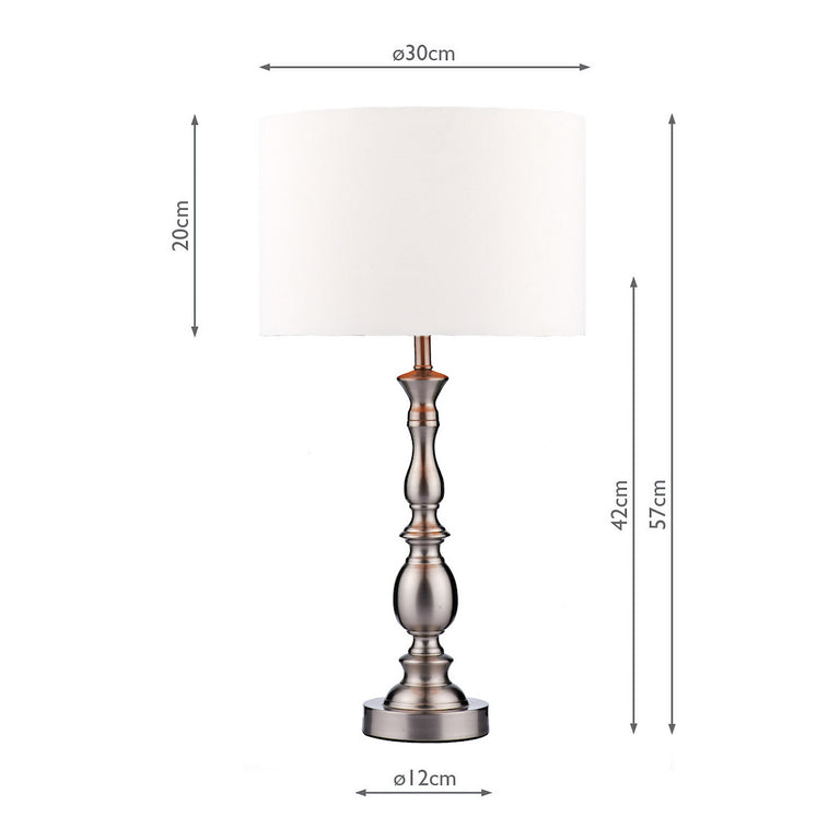 Madrid Table Lamp Satin Chrome with White Faux Silk Drum Shade for Bedroom & Living Room